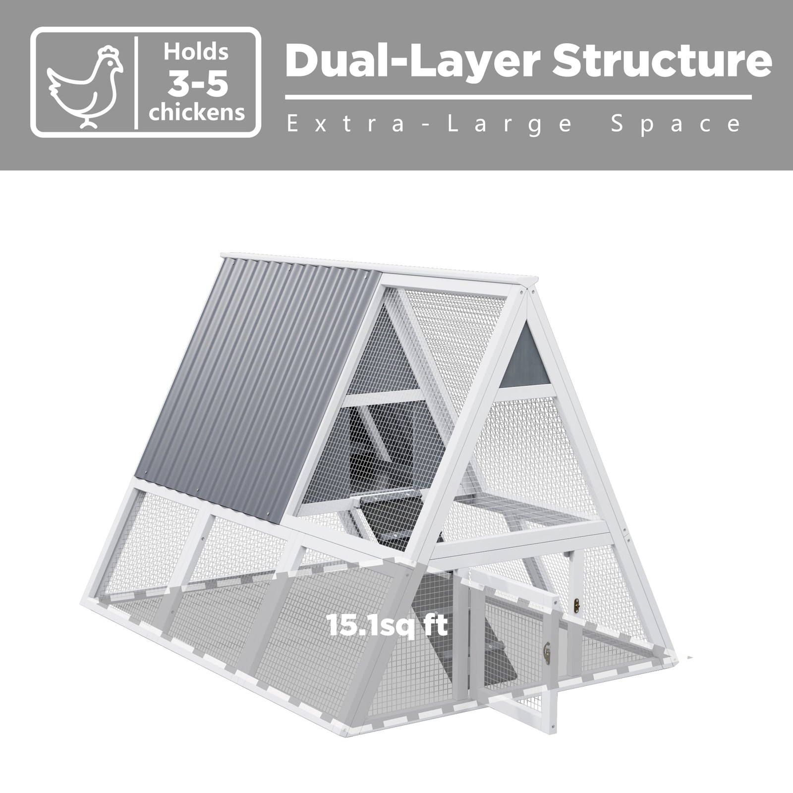 Large Triangular Wire Mesh Chicken Coop with Weatherproof Nesting Box Tray Gray