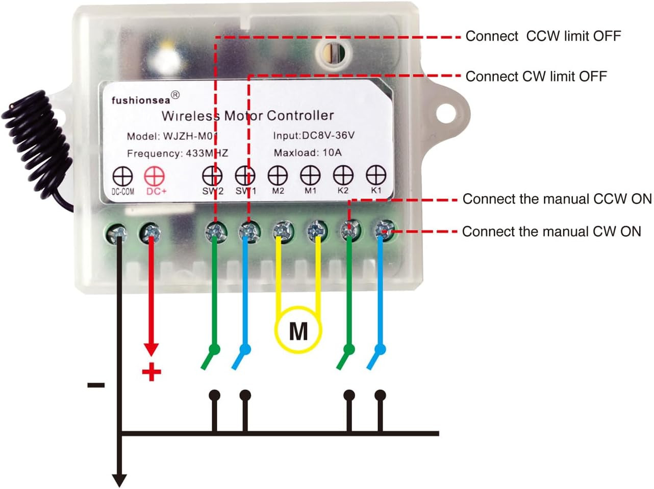 DC 8V 12V 24V 36V Motor Remote Control Switch for Control Linear Actuator, 433Mh