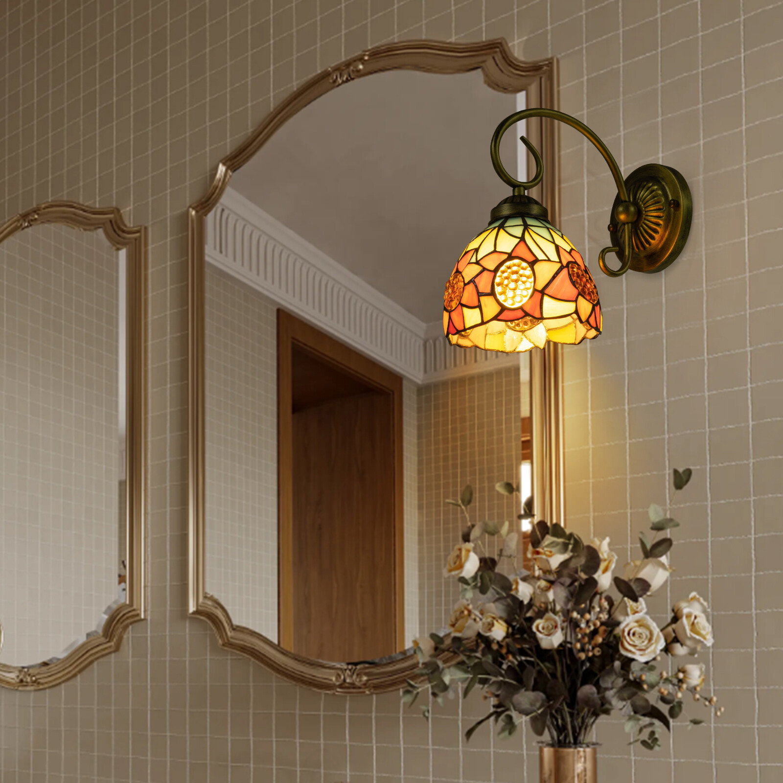110V Wall Sconce Lamp Tiffany Vintage Stained Glass Wall Light Indoor E26