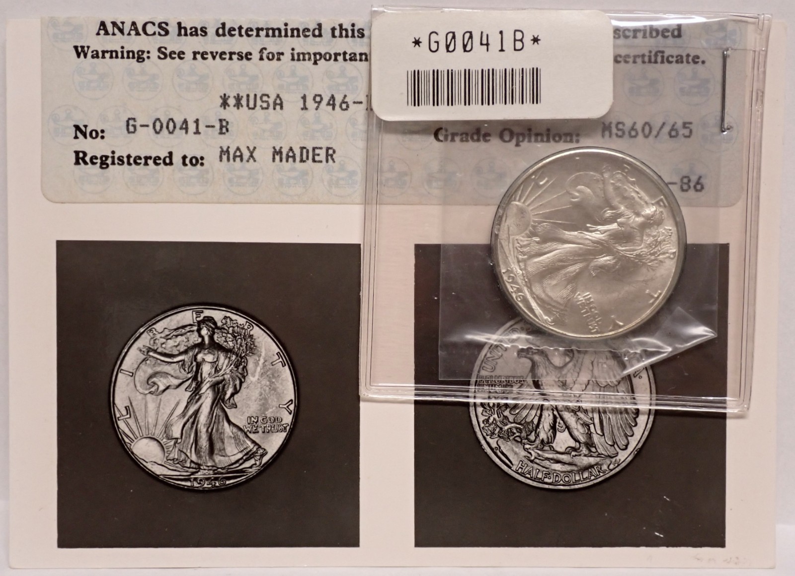 1946-D Walking Liberty 50c ANACS MS60/65 Type 7 Old Photo Certificate Cert Grade