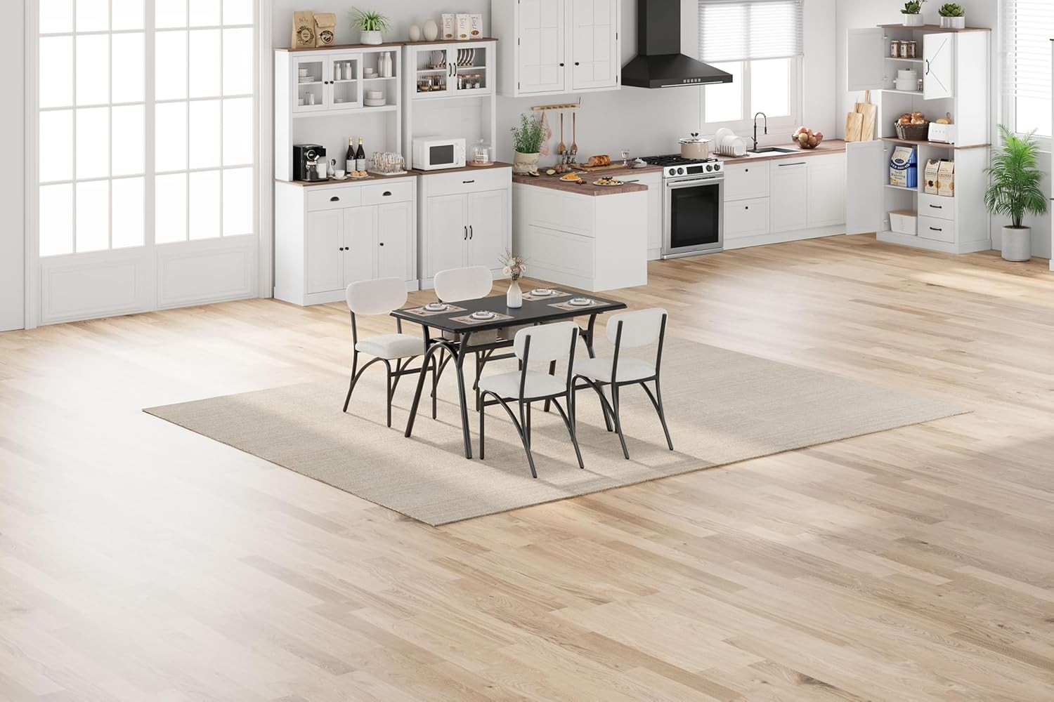 Perfect Space Solution, 4-Person Dining Set W/ Storage Rack, Grey Chair & Marble