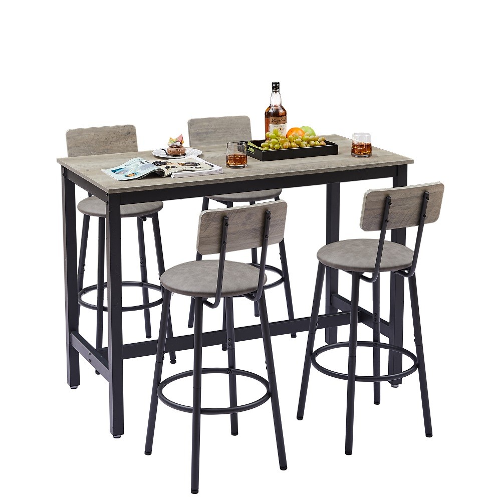 Bar Table Set with 4 Bar stools PU Soft seat with backrest Grey