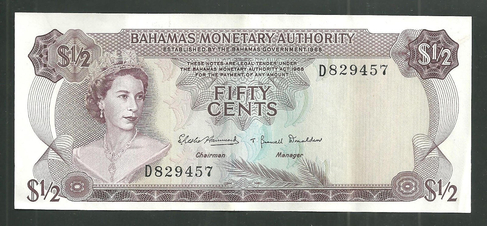 Bahamas 50 Cents 1968 Pick #26A World Banknote Currency Paper Money Elizabeth II