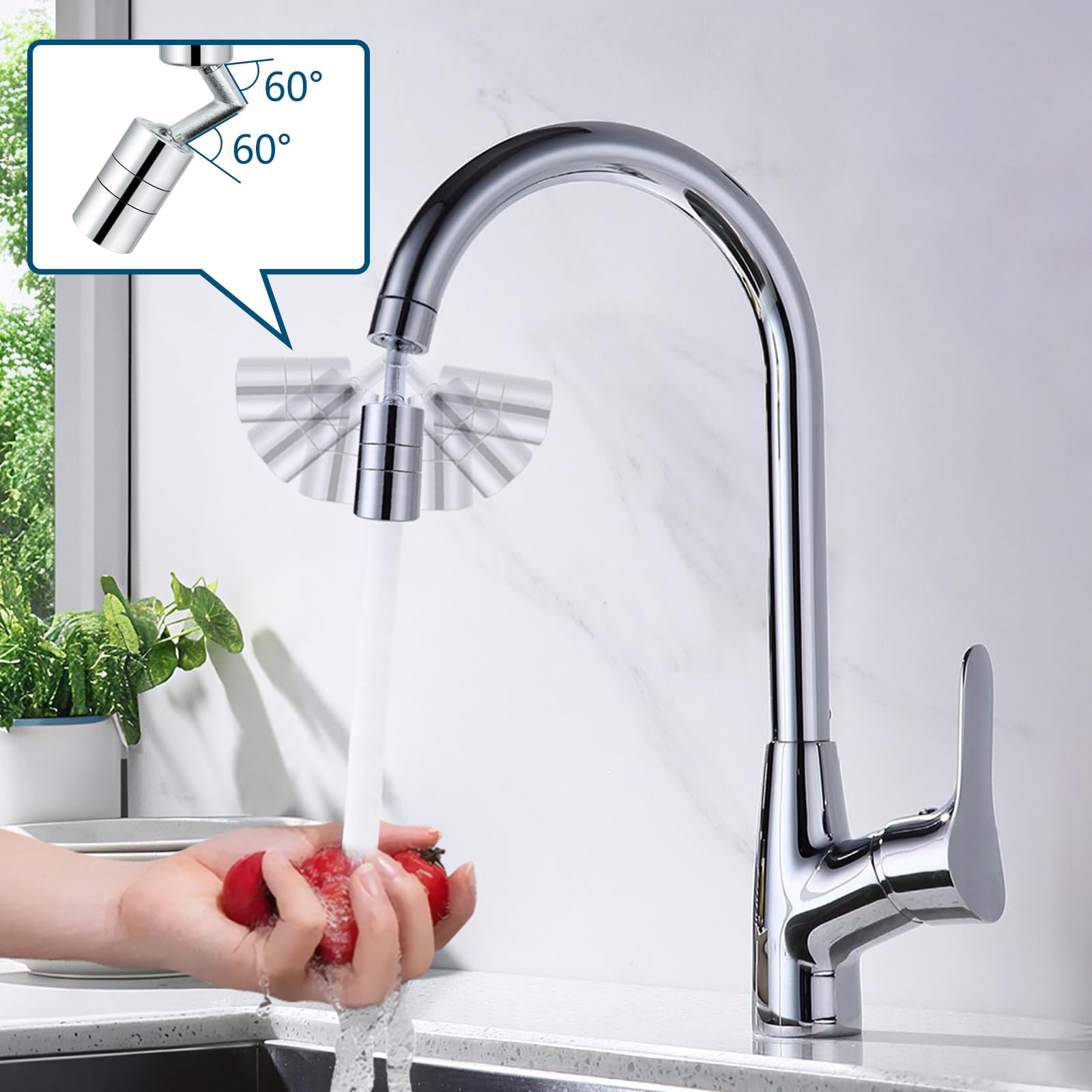 720° Rotating Water Controller 2-Flow Sink Attachment 55/64" Chrome Extender