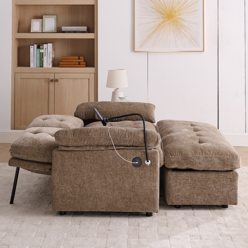 Double Sofa Recliner w/ Adjustable Backrest, USB Port, Ottoman - Brown