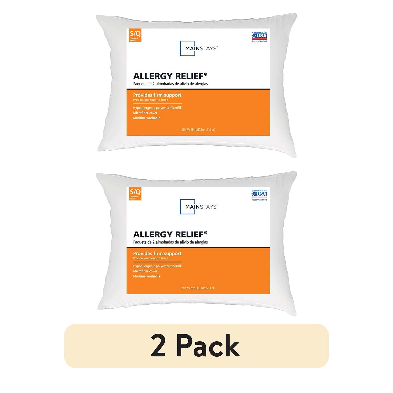Allergy Relief Bed Pillow, Standard/Queen, 2 Pack