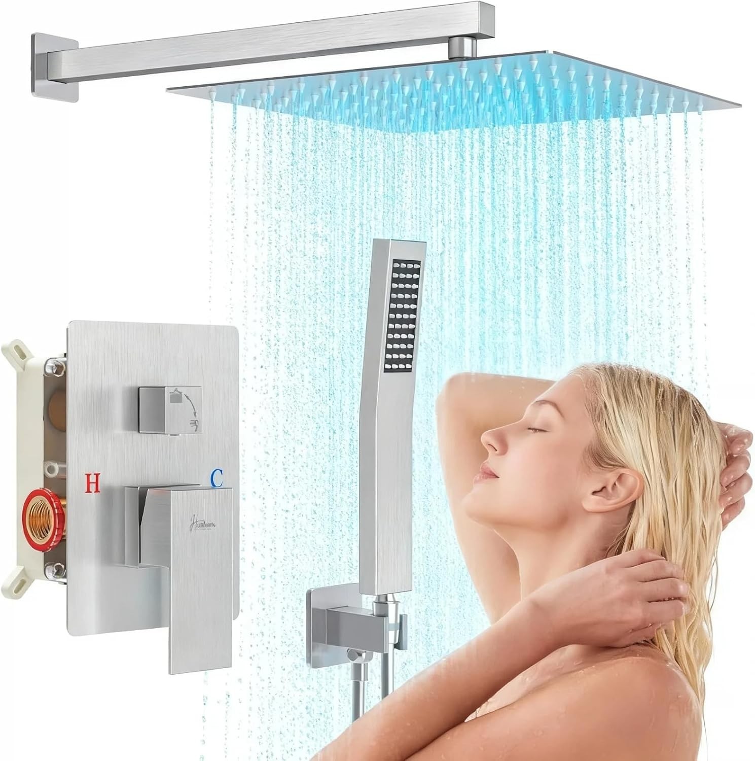 12 Inch Luxury Rain Shower Faucet Set, Brushed Nickel Shower System with