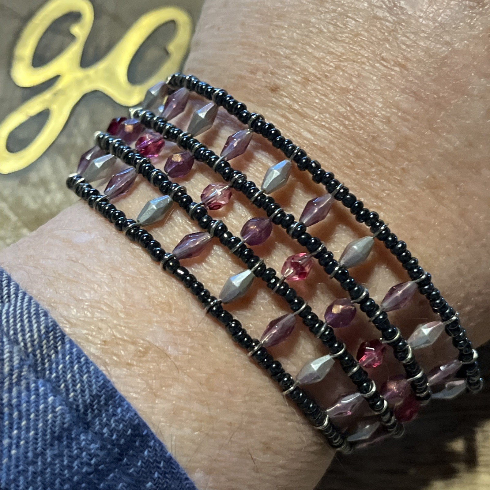 Boho Wrap Bracelet Black & Pink Crystal Beads Silvertone Swirl Button