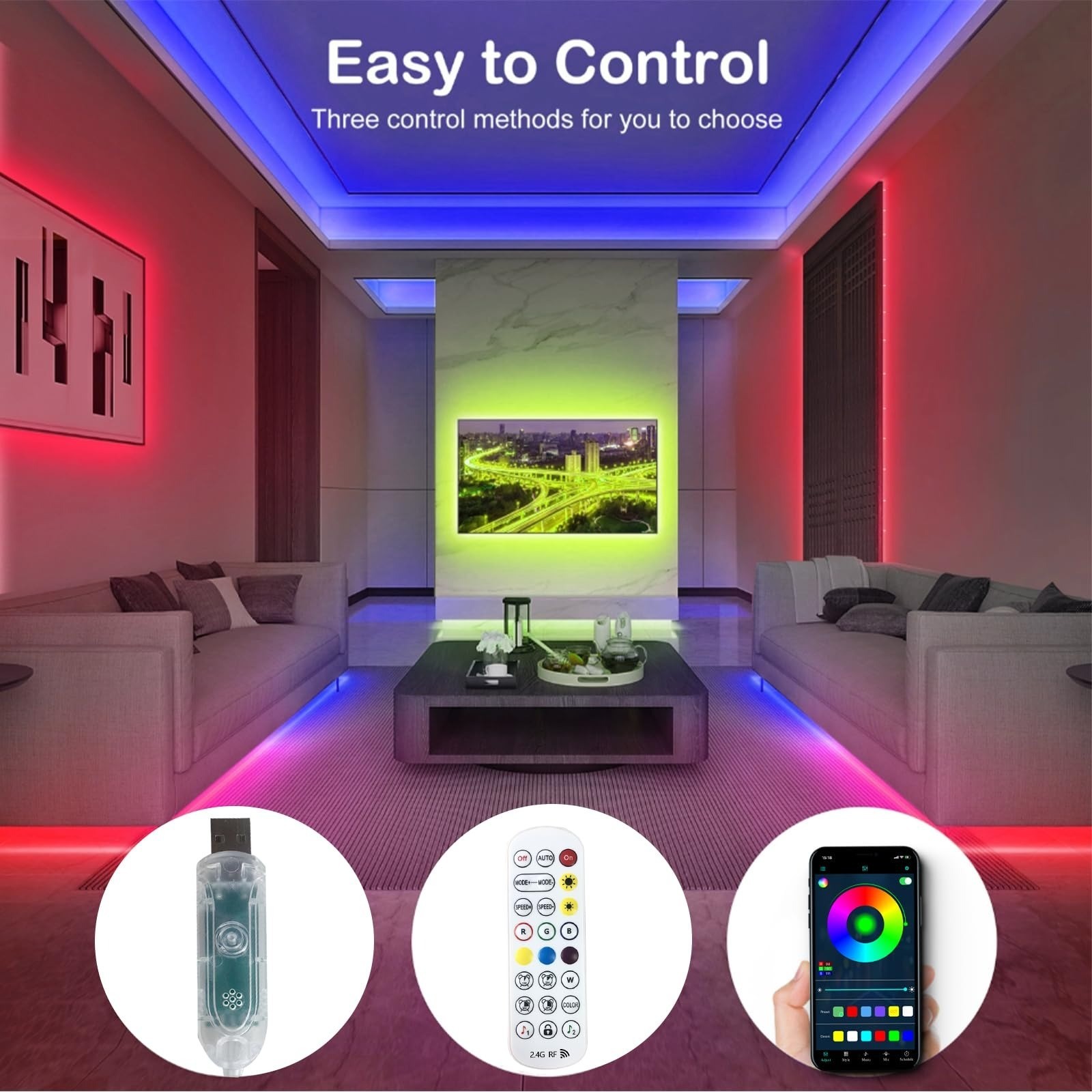 50FT LED Strip Lights Waterproof Music Sync Bluetooth Remote Control