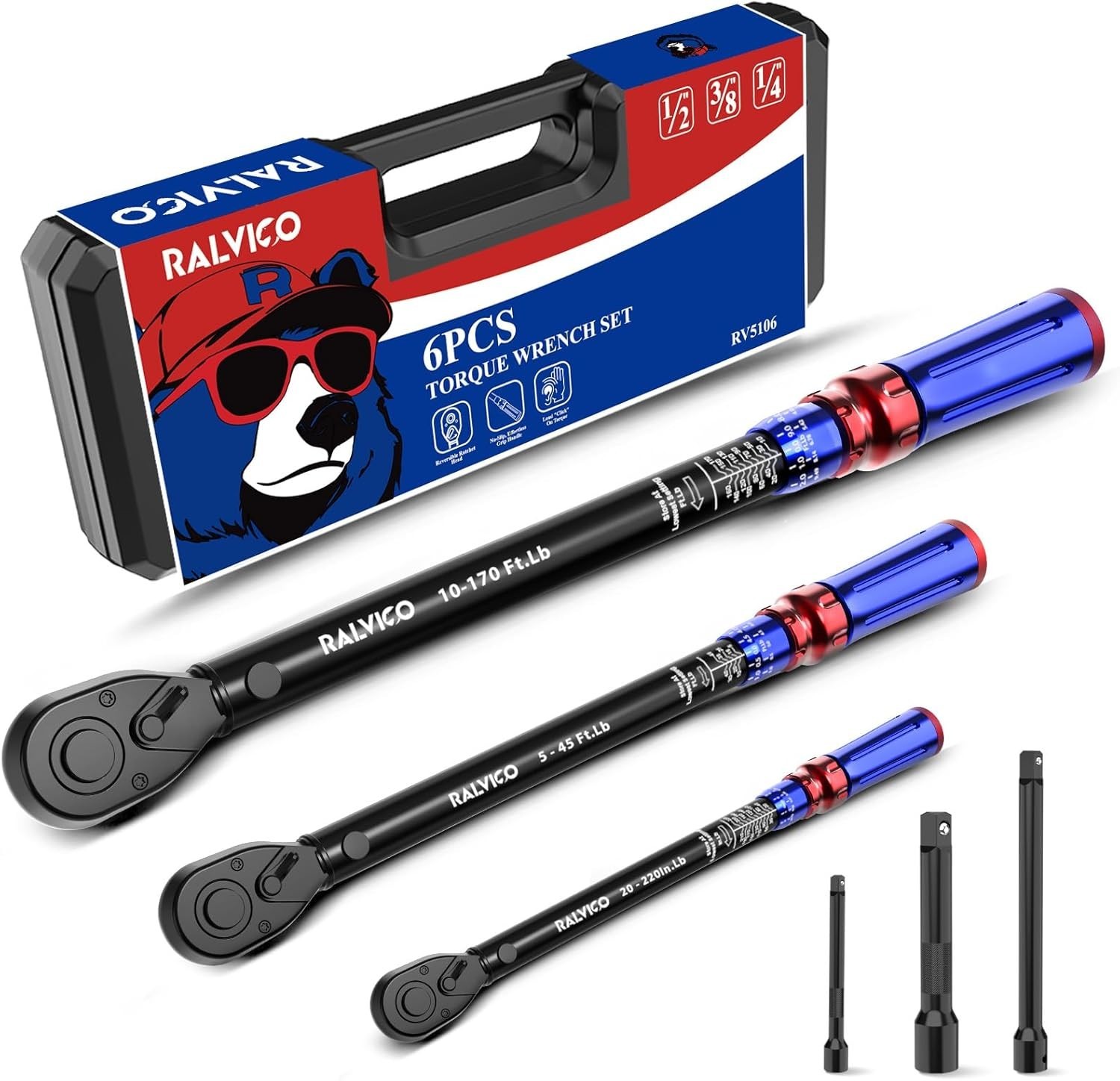 Torque Wrench Set 1/4'' & 3/8'' & 1/2'' ±3% Accuracy 72-Tooth Dual Scale Dual-Di