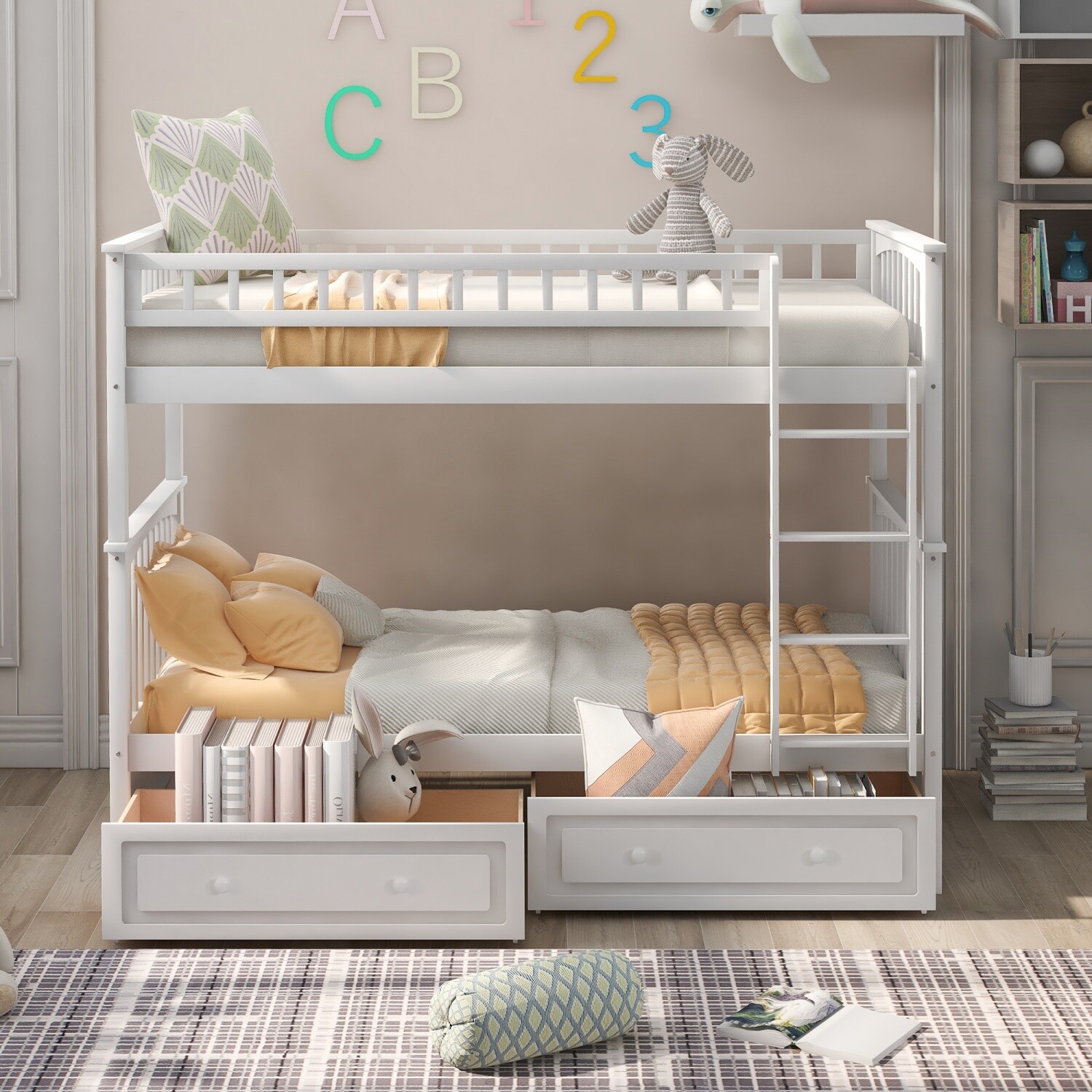 Twin Over Twin/Full Over Full Wood Bunk Bed Convertible Bed Frame with 2 Drawers