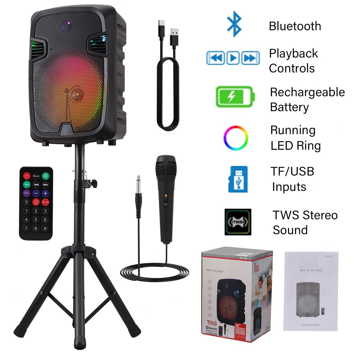 12'' 10000W Loud Large Party Speaker Bluetooth Heavy Bass Sound Party & Micphone