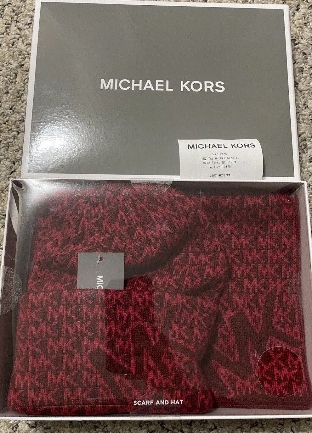 Michael Kors Men’s Jaquard Logo W/ Appliqué Cuff Hat & Scarf Box Set Cherry $128