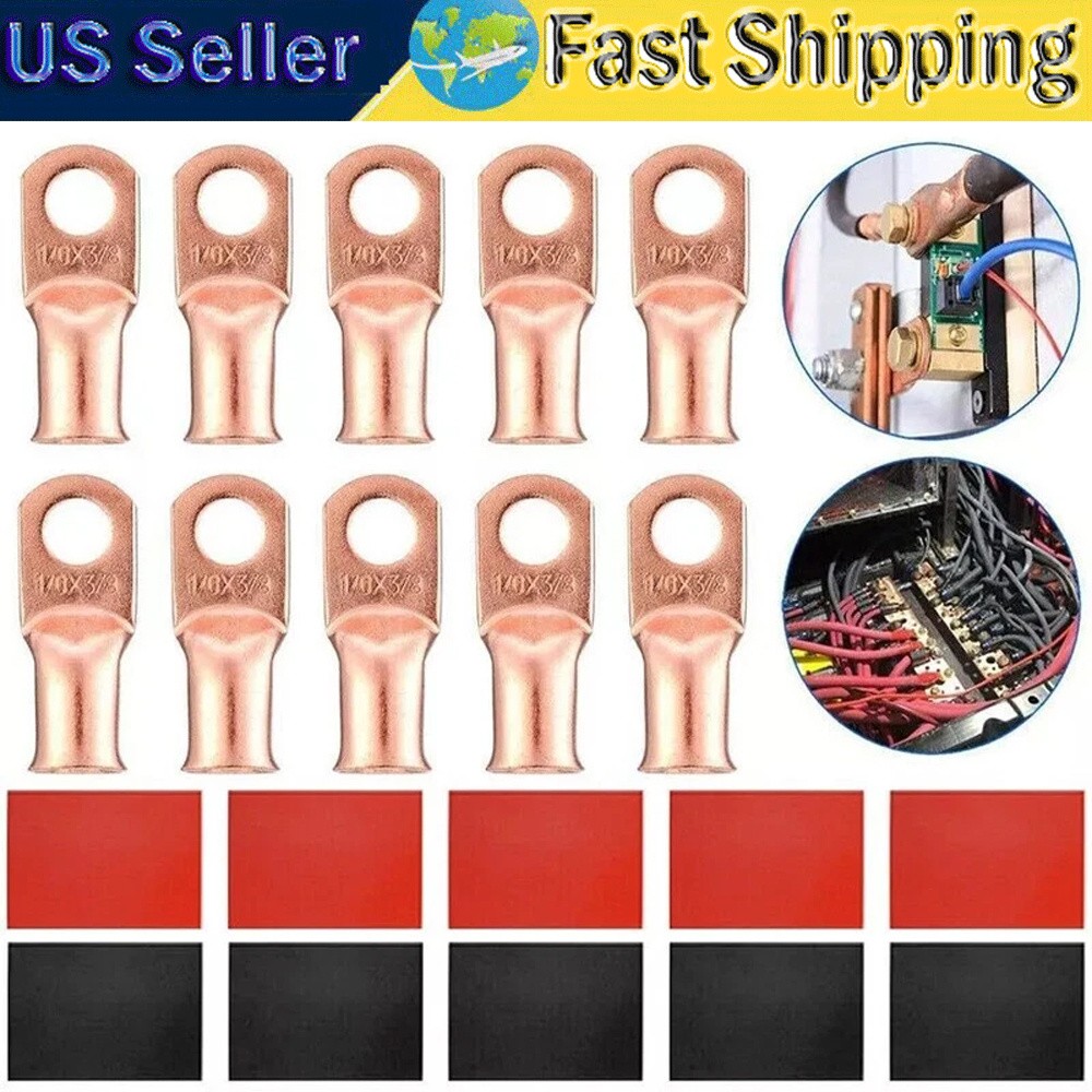 1/0AWG Gauge Copper Lugs w/BLACK & RED Heat Shrink End Ring Terminals Wire 20Pcs