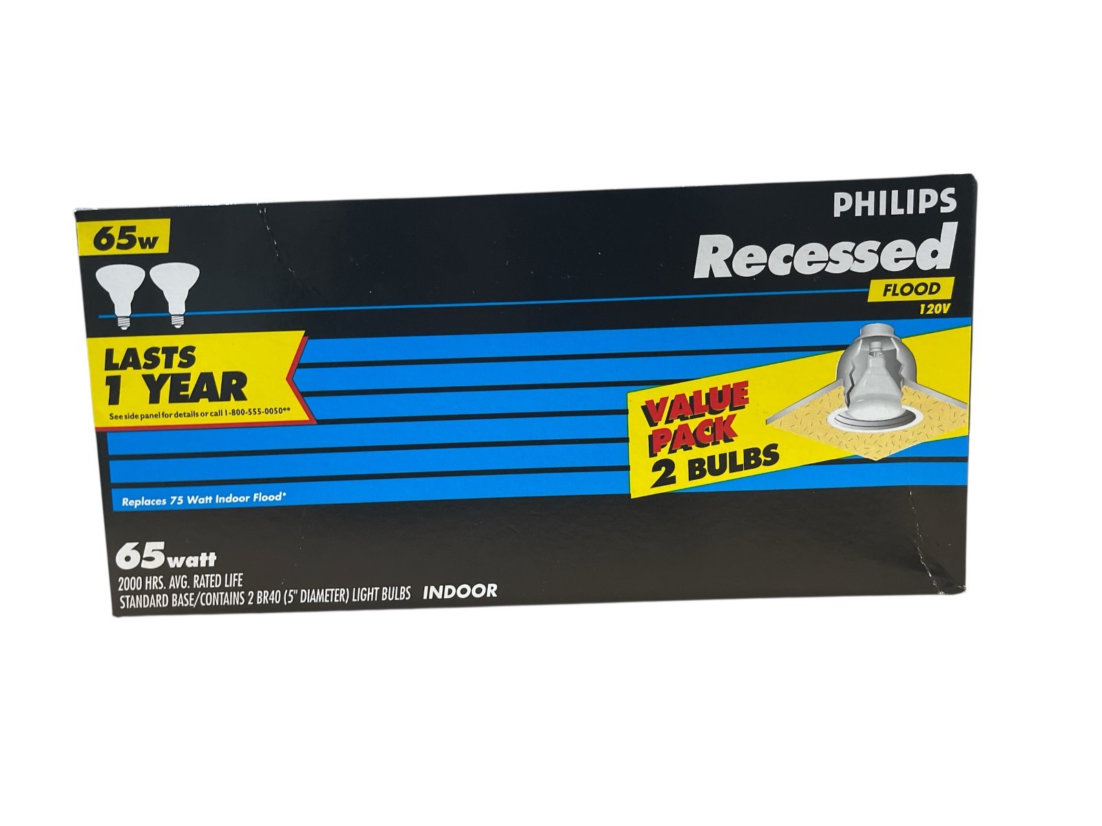2 Philips Recessed Flood Lamps 65BR40 Indoor 65 Watt 130V 2000Hrs