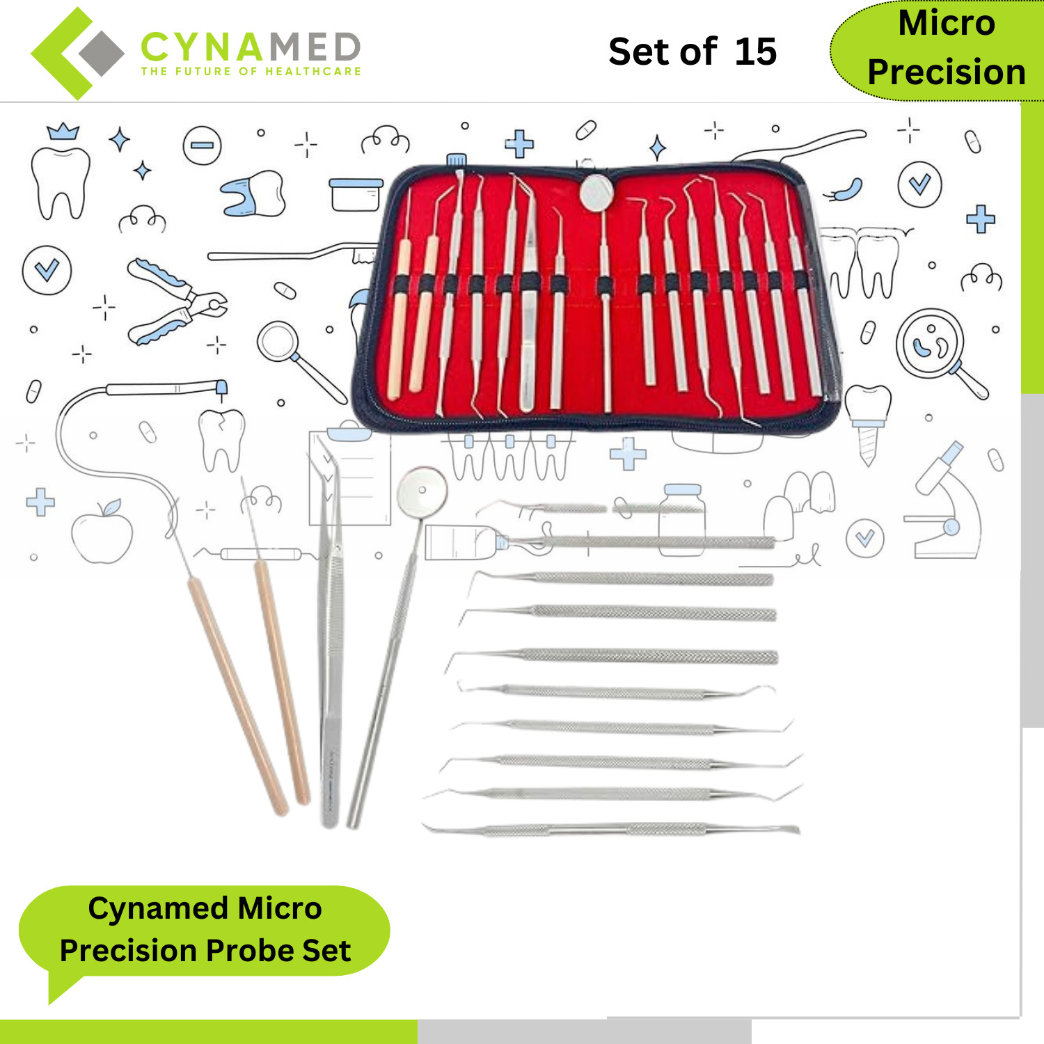 Cynamed Micro Precision Probe Set Straight Single Short Long Double 15 Piece