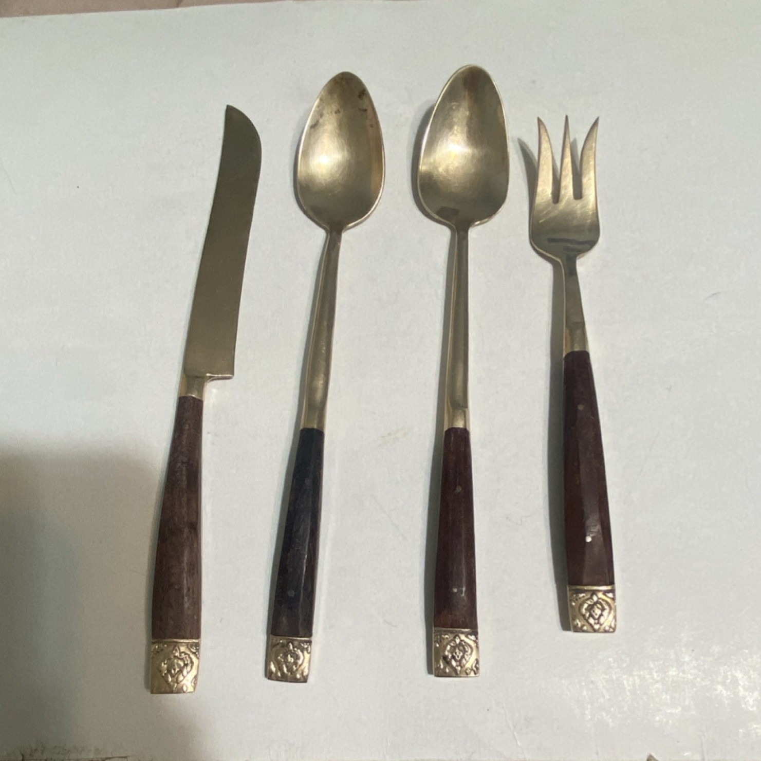 Decorative Metal & Dark Brown Wood Flatware Set, 4pcs, Knife Fork Spoons