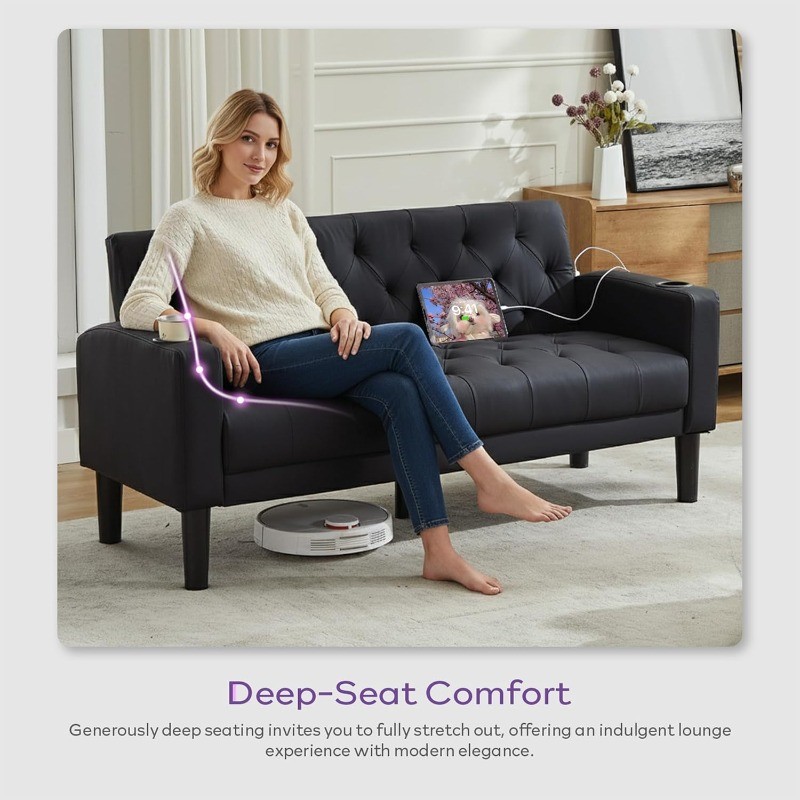 62" W Loveseat Sofa Couches W/ 2 USB Charger Ports and 2 Cupholders Tufted