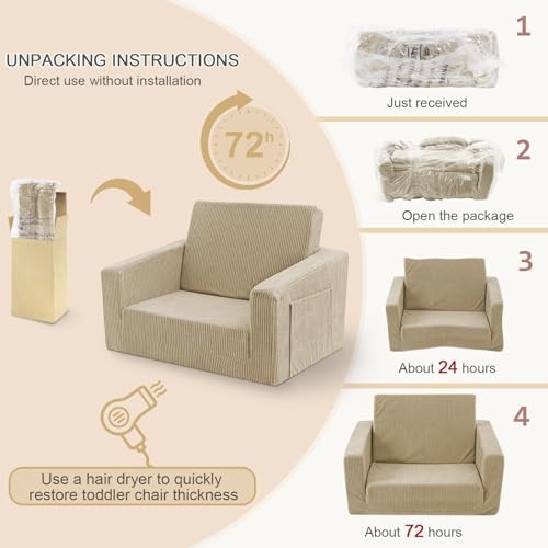 Toddle & Kids Chair,2-in-1 Soft Toddler Couches that Fold Out,Toddler Beige