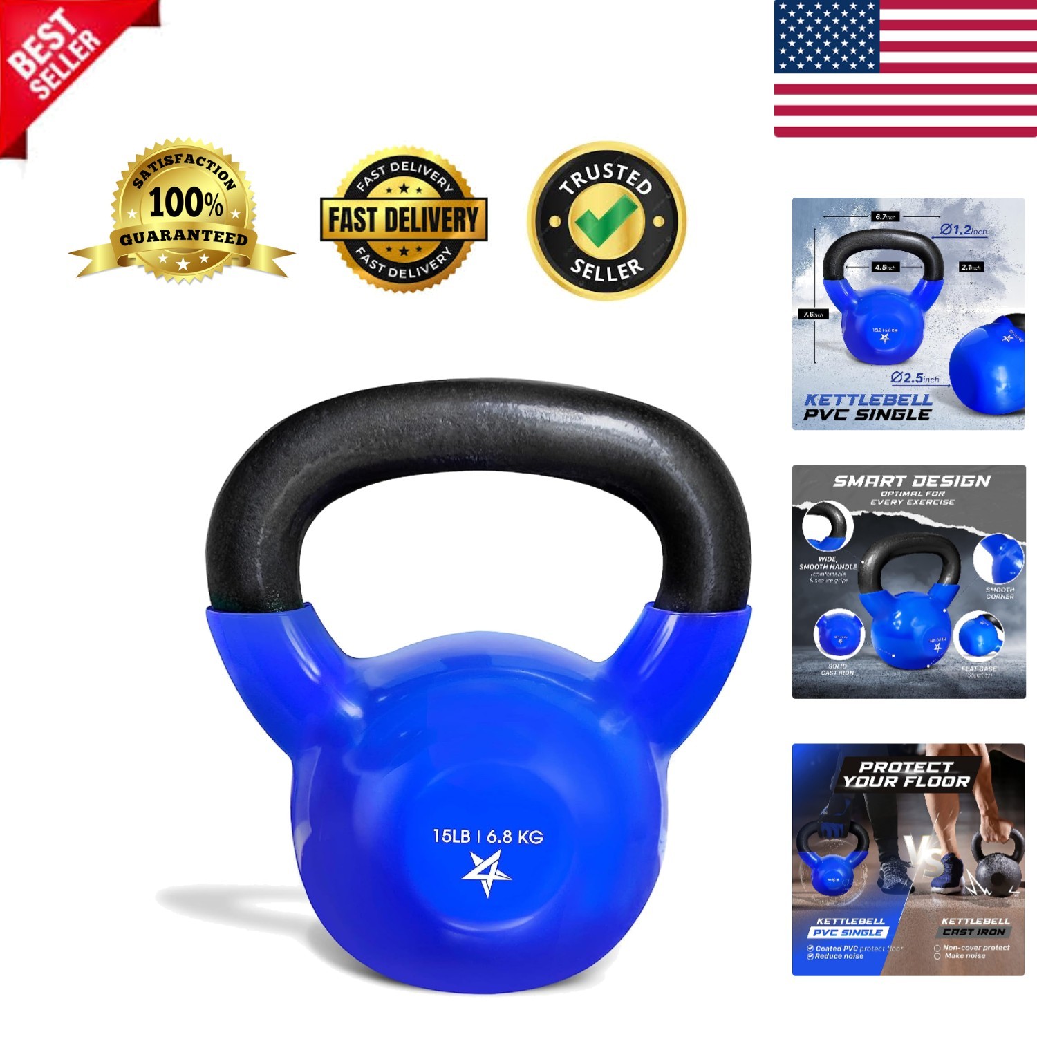 Kettlebell, 5-100 LB Vinyl Coated Cast Iron Strength Training Kettlebells for...