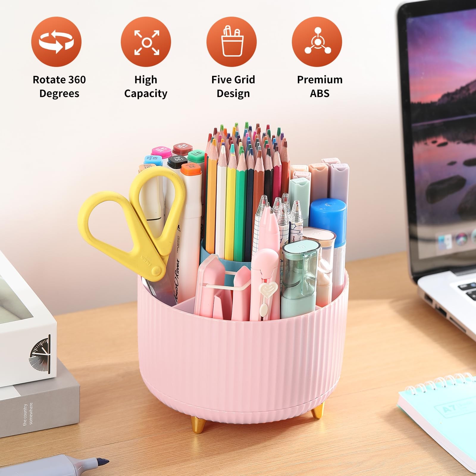 Desk Pencil Pen Holder, 5 Slots 360°Degree Rotating Organizers for Desk, Desk...