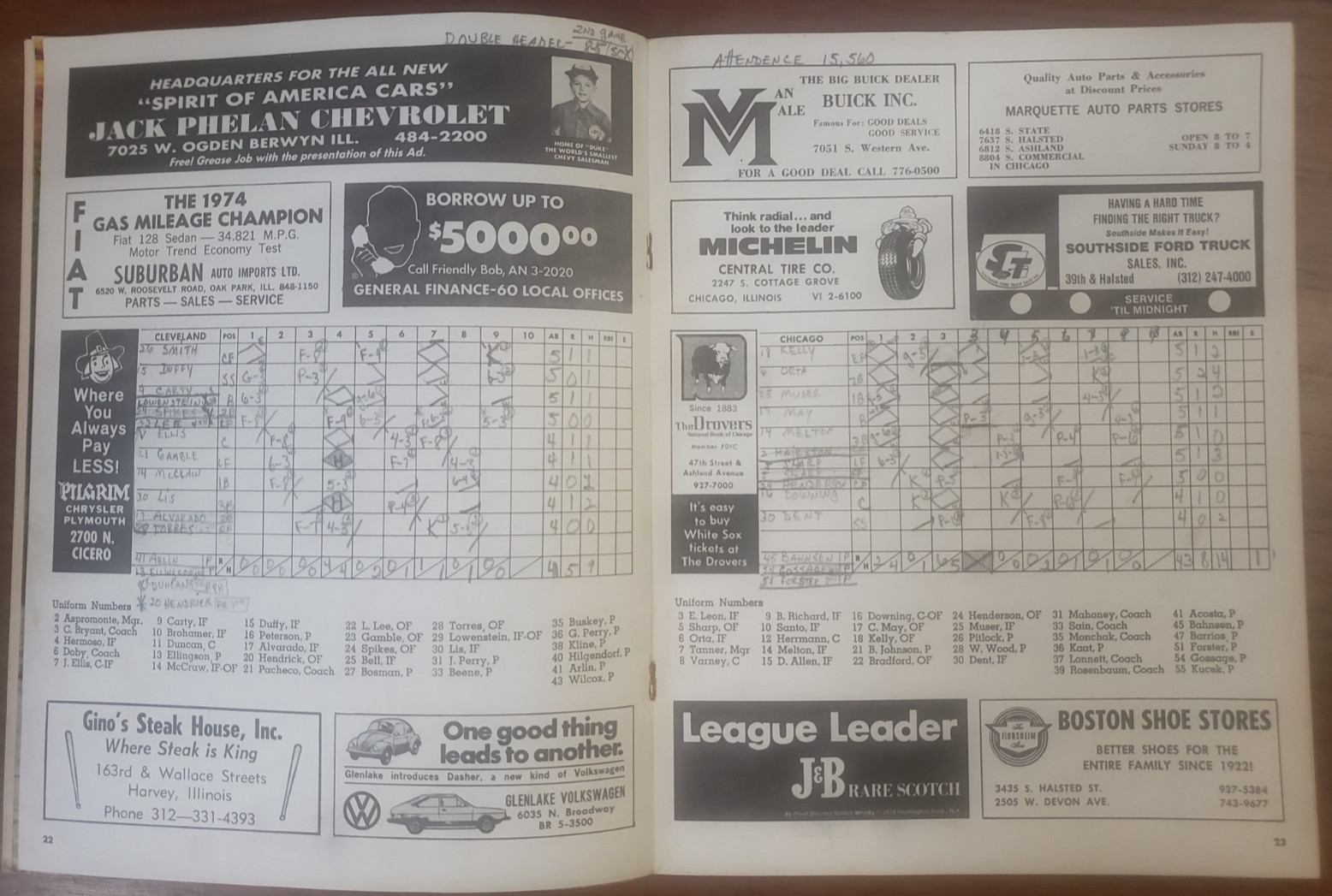 1974 Chicago White Sox vs. Cleveland Indians Program Melton Carty Dent