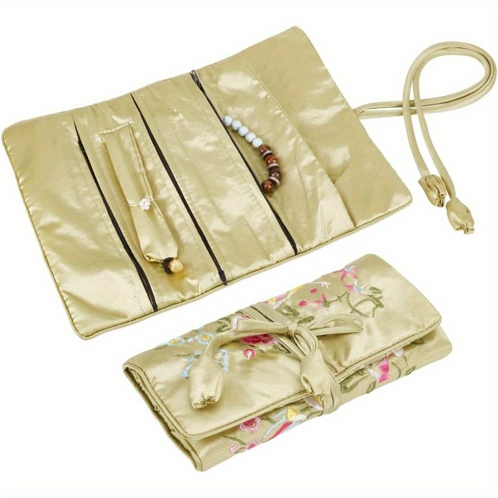 2pcs Embroidery Silk Zipper Roll Bags with Drawstring Rope for Jewelry Storage