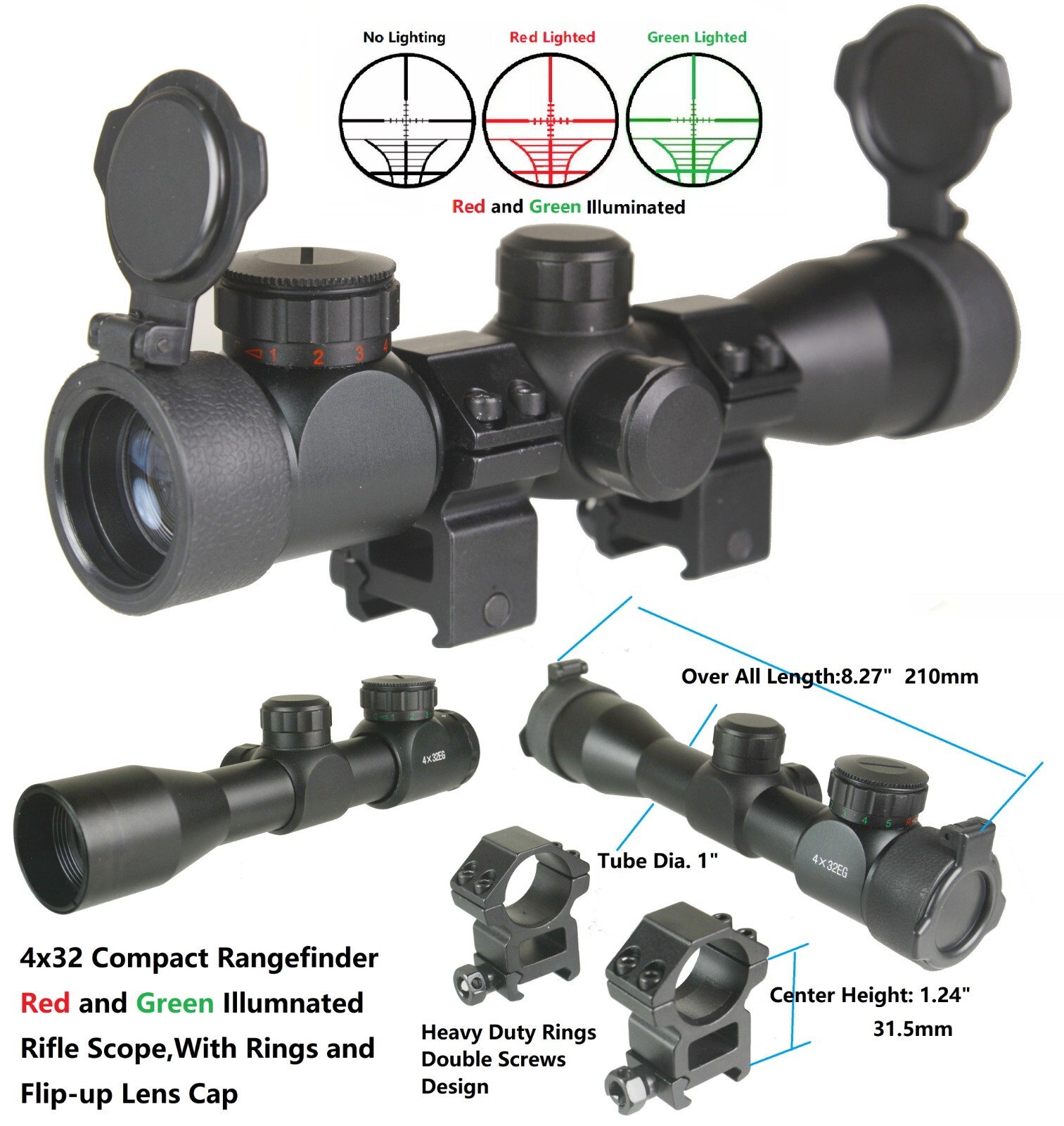 4x32 Compact Scope Red Green Illuminated Rangefinder With Ring/Lens Cap/Battery