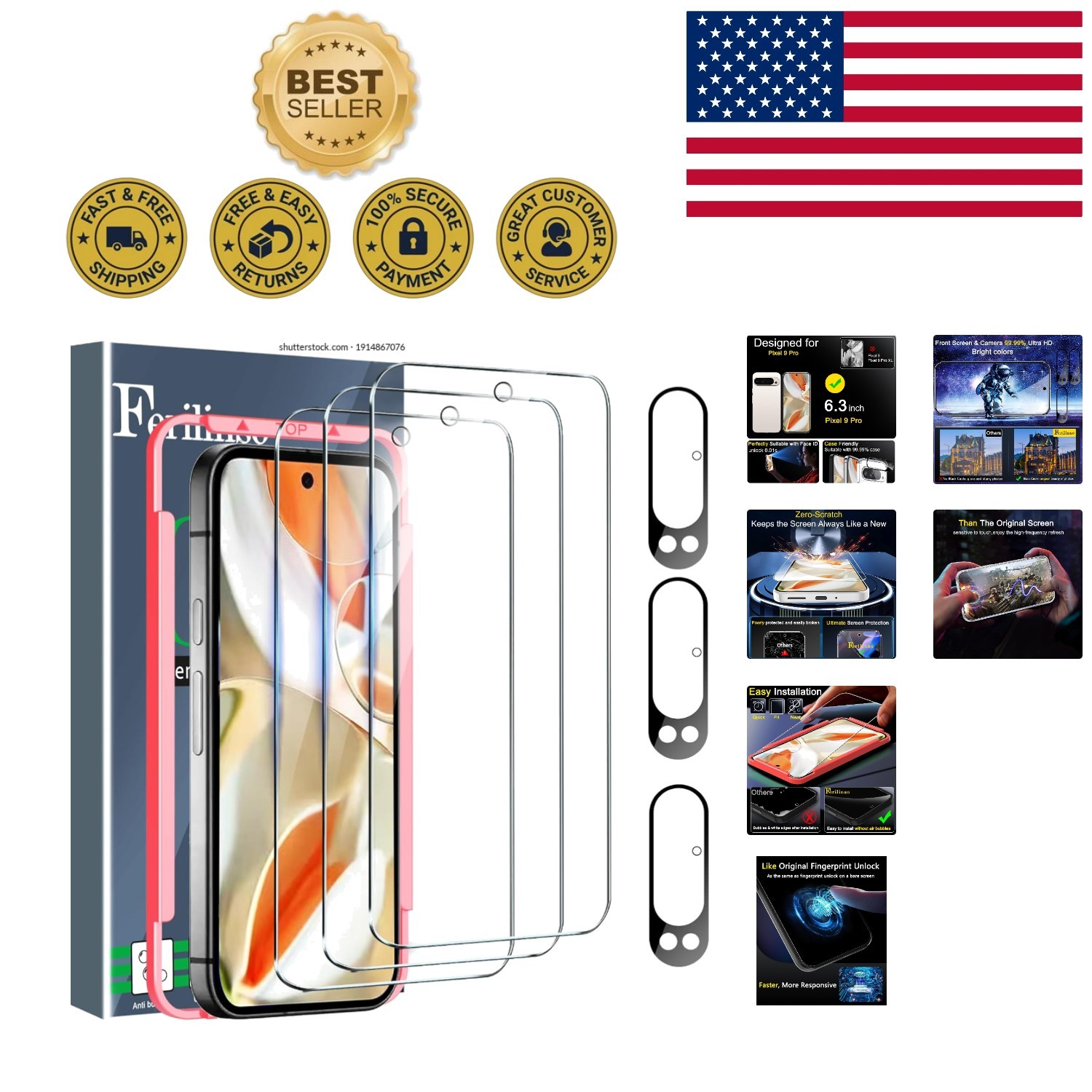 Luxury 3 Pack Screen Protector & Camera Lens Protector for Pixel 9 Pro Owners