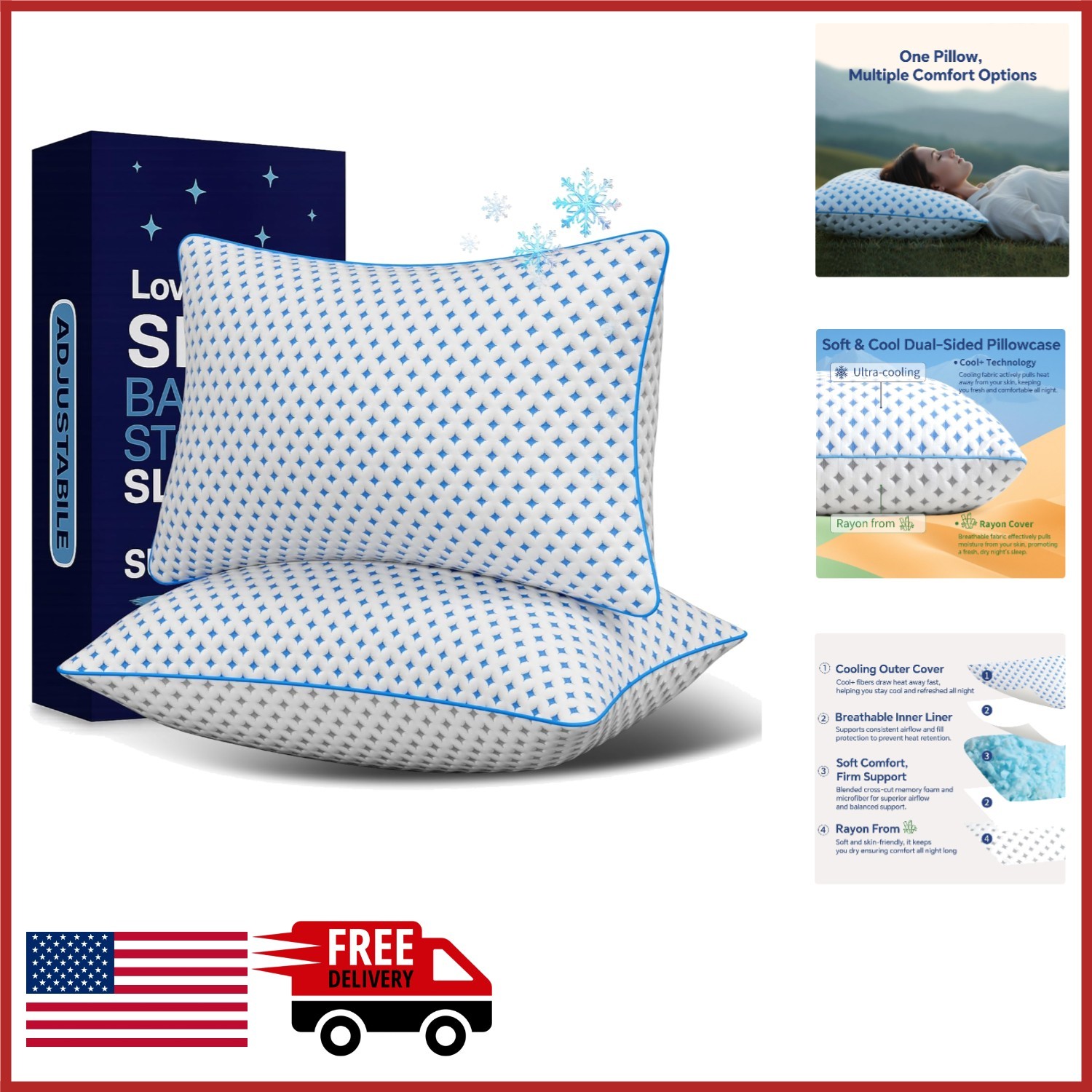 Adjustable Loft King Size Pillows Set of 2 Cooling Memory Foam for All Sleepers