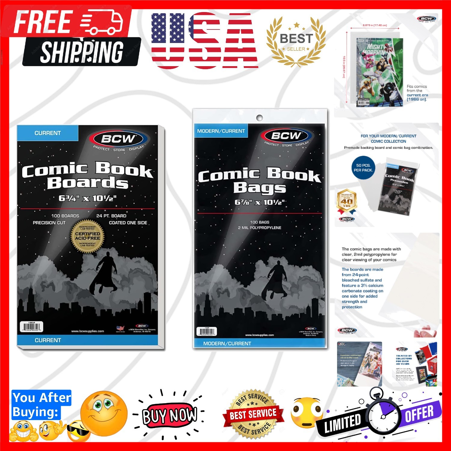 Current Comic Boards and Bags Combo | 100 Polypropylene Comic Bags & Backer B...