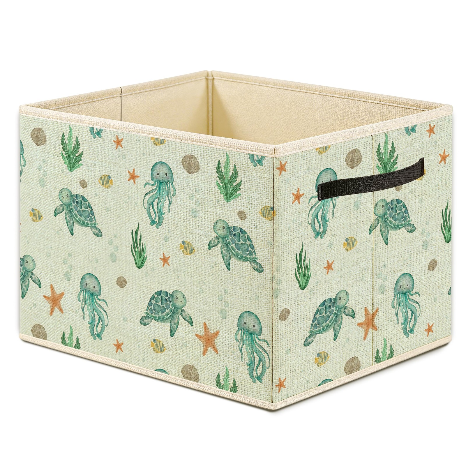 Green Sea Turtle Jellyfish Coastal Storage Bin Box, Ocean Nursery Decor, Beac...