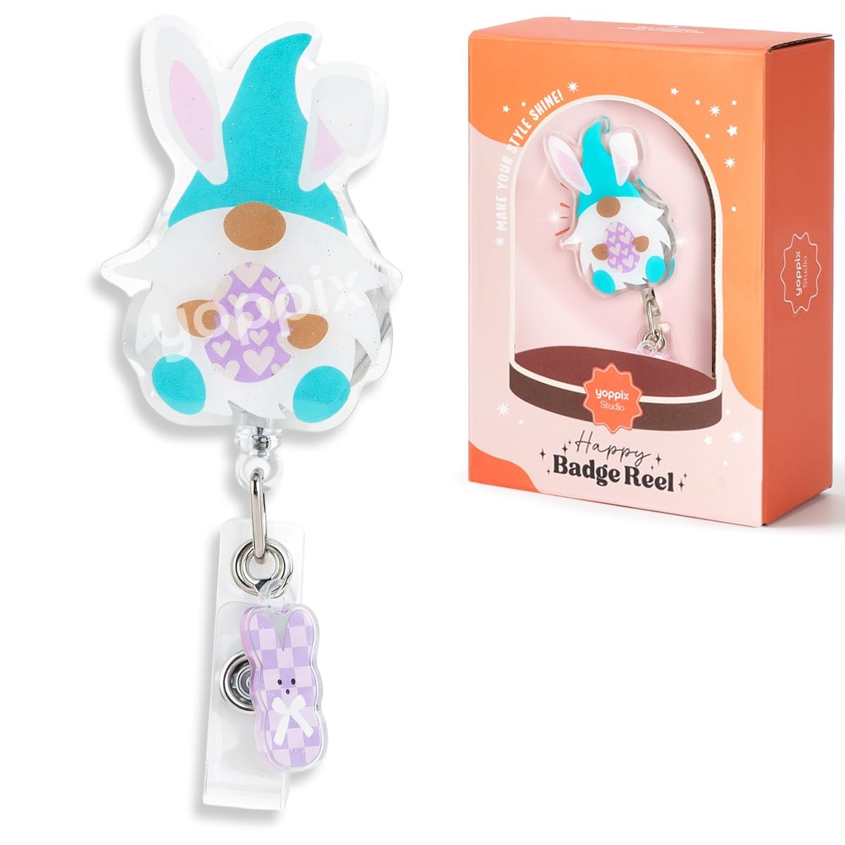 YOPPIX Easter Gnome Badge Reel, Funny Sparkly Glitter Reel