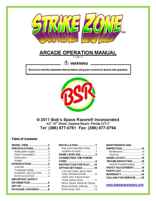 Strike Zone Arcade Game Operations/Service Manual Bob’s Space Racers Coin Xx