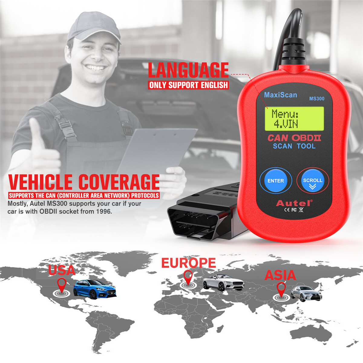 Autel MS300 OBD2 Scanner Code Reader, Turn Off Check Engine Light CAN Diagnostic