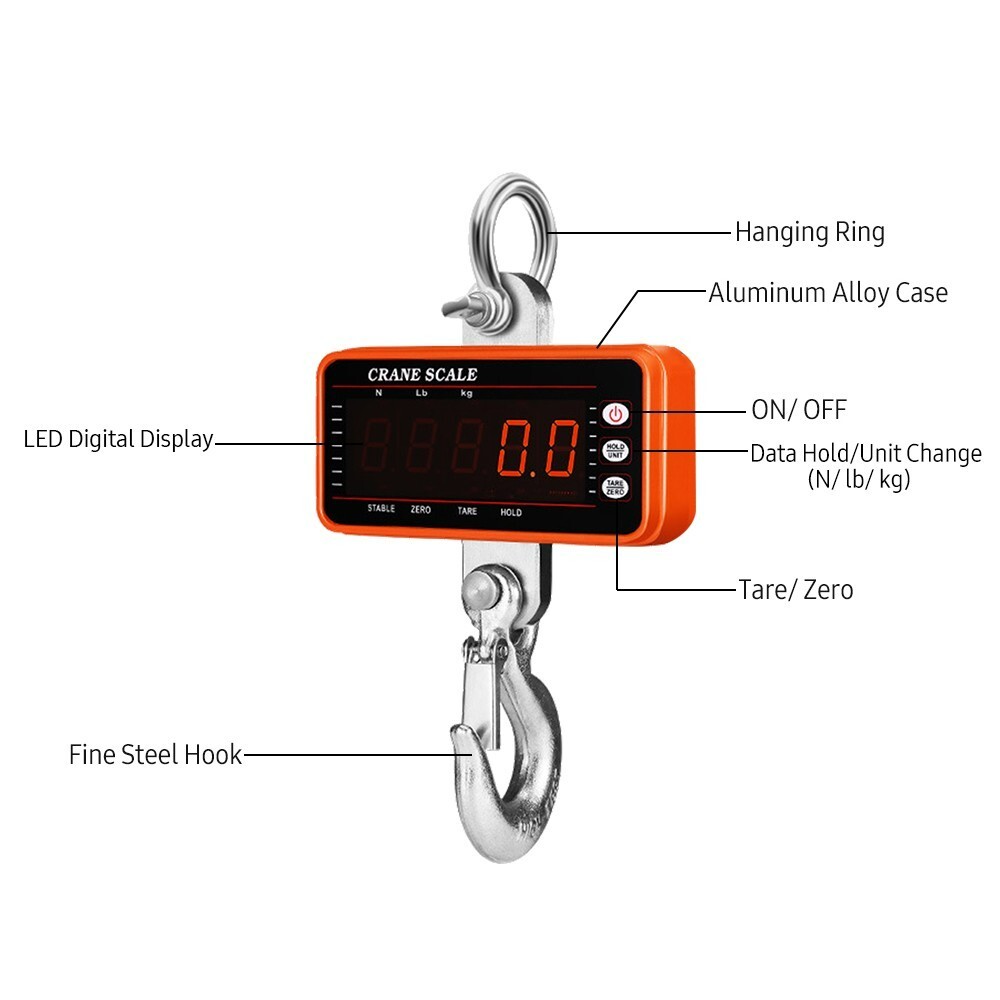 2200lbs/1000kgs Digital Hanging Scale Industrial Heavy Duty Crane Tare Function