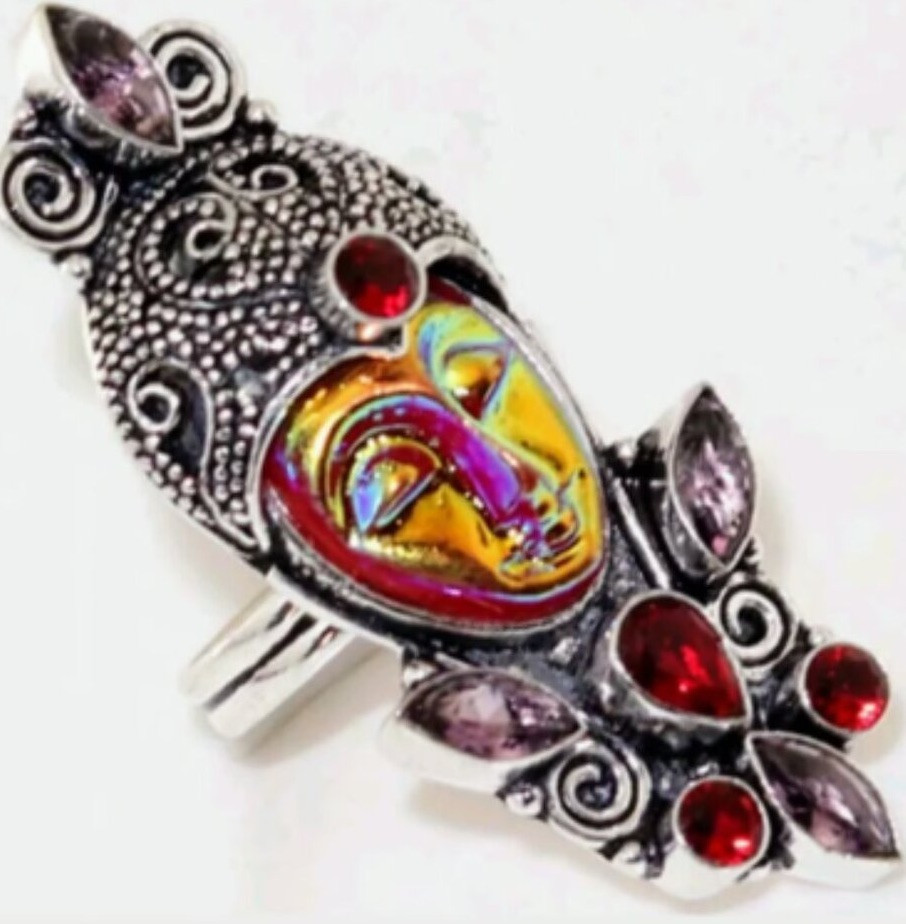 Bali Goddess Ring Sz 8.5 / 9 Boho Iridescent Tibetan Silver (?) Gorgeous Ruby