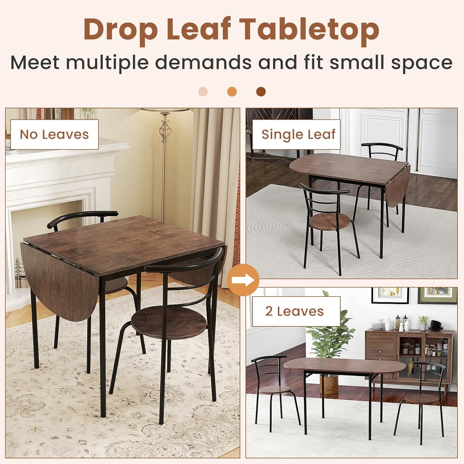 3-Piece Dining Table Set for 2, 55-Inches Drop Leaf Kitchen Table with Dining Ch