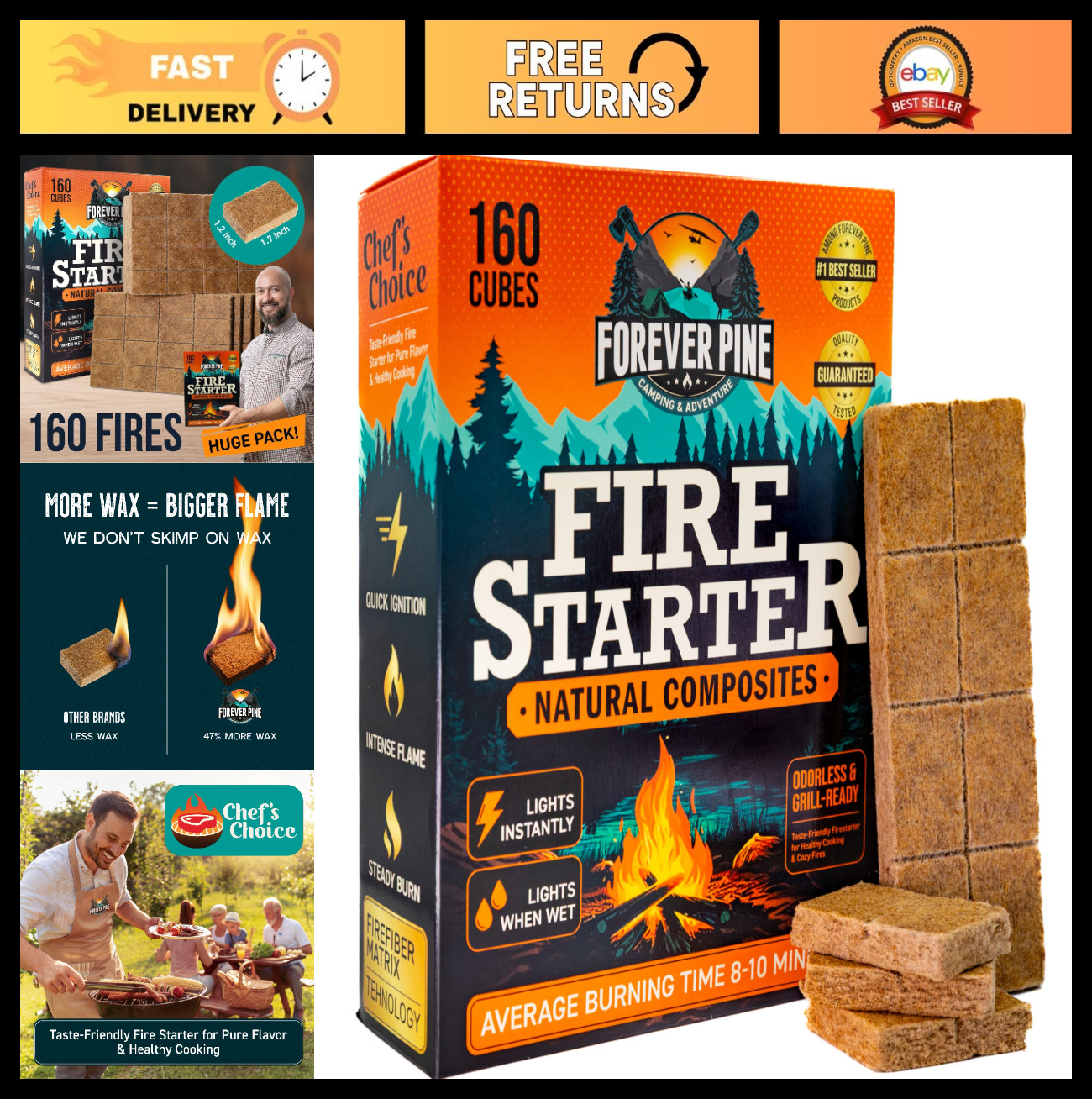 Fire Starter Cubes 160 pcs - Natural Odorless Waterproof Firestarter Squares for