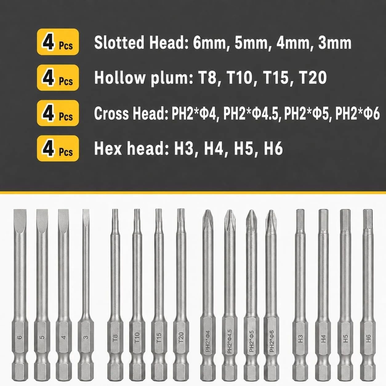 Bates- Long Screwdriver Bits Set, 16 pcs, 1/4 Hex Shank, Slotted, Phillips, Hex