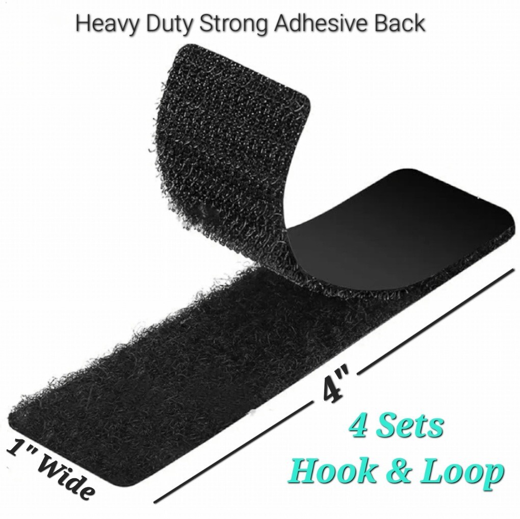 1” Wide x 4” (Inch) Heavy Duty Stick-On Strips (4 Sets Hook & Loop)- Black