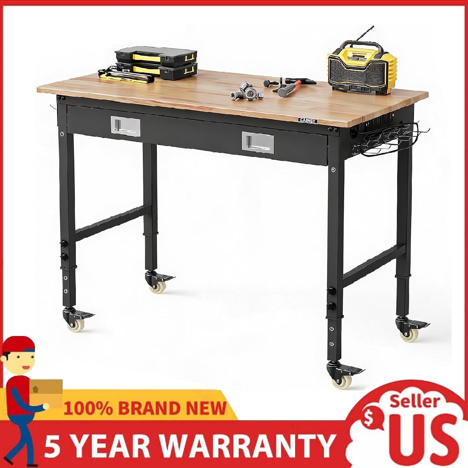 48" Workbench Adjustable Work Table Garage 2000LBS with Power Outlets & Drawers
