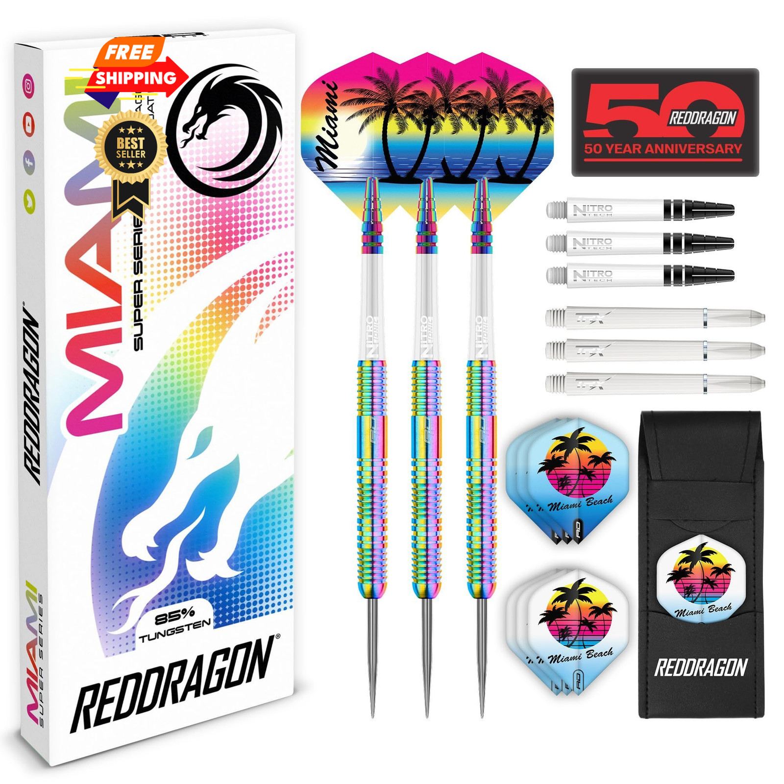 RED DRAGON Miami 24 Gram Professional Tungsten Darts Set 24G, Multi-coloured