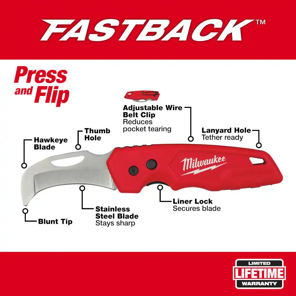 Linemans Blunt Tip Hawkbill Knife with STICKWORK 3- In-1 Ring and FASTBACK Stain