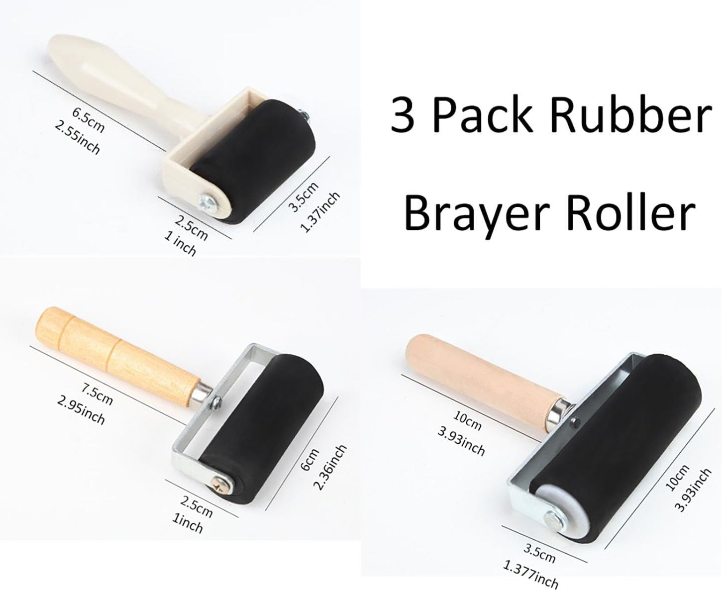 Rubber Brayer Roller 3 Pack Art Craft Printmaking Ink Stamping Tool Set