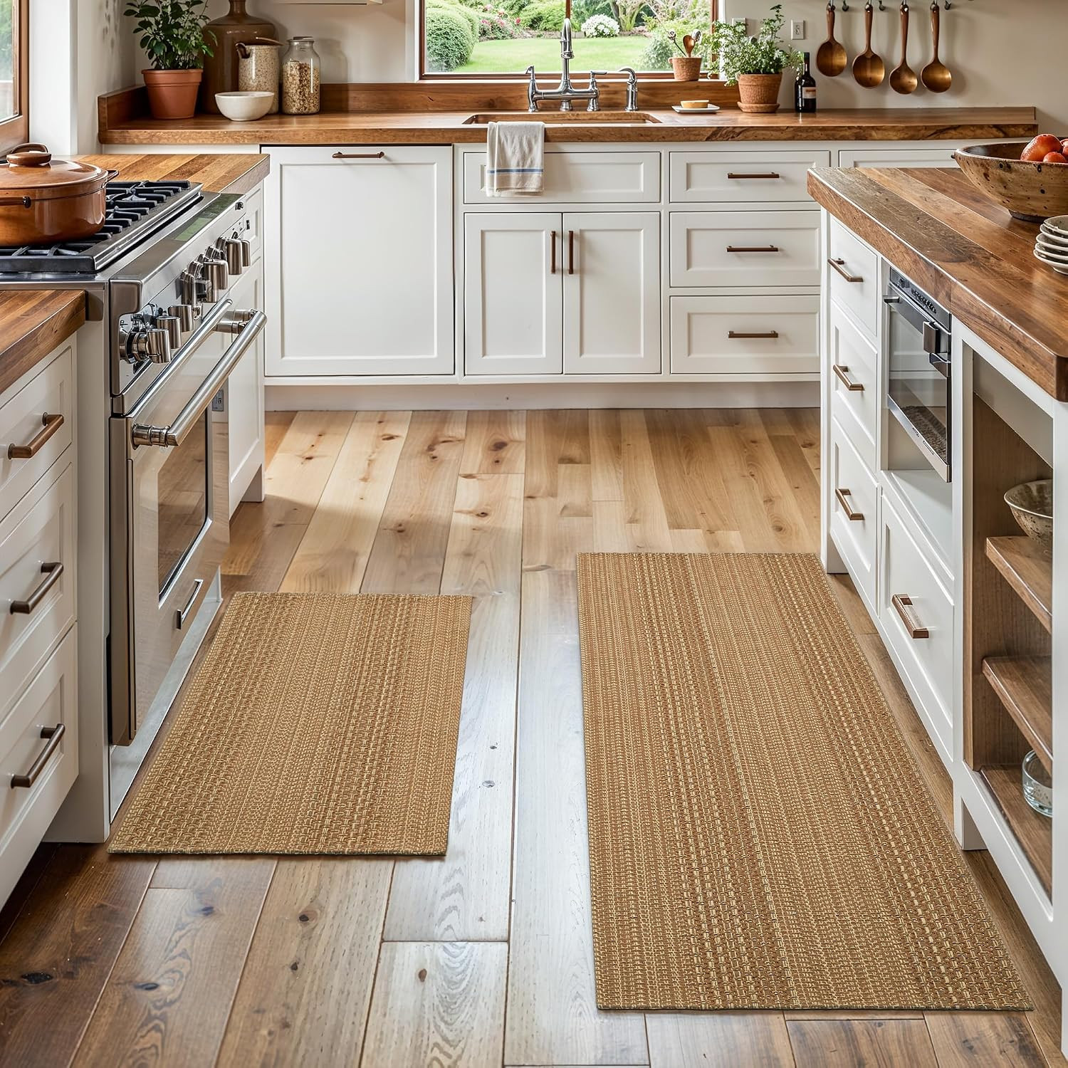 Cotton Blend Kitchen Rug Set 2 Piece, American Country Woven Runner Rug and Door