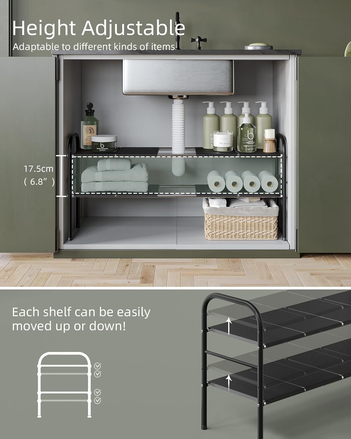 2-Piece Under Sink Storage Cabinet Set, Expandable, with 8 Removable Panels