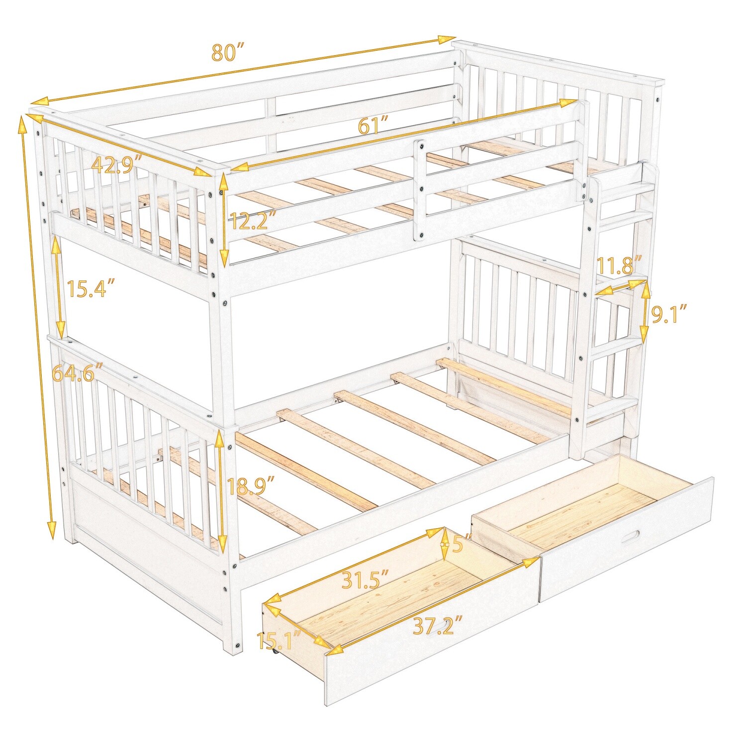 Modern Detachable Twin Over Bunk Bed Wood Bed Frame w/ 2 Drawers & Ladder Gray