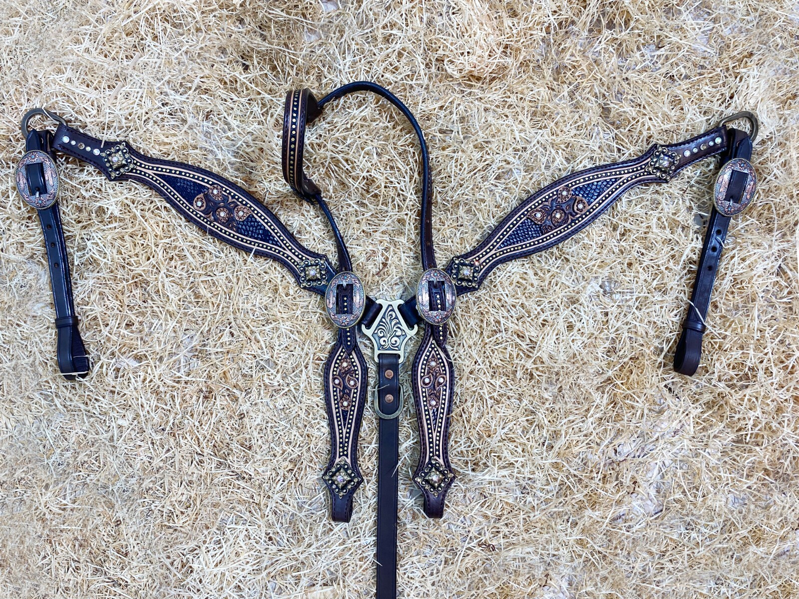 Western Leather Headstall Set Horse Decorated with Paisley Carving Gifts MOUSM