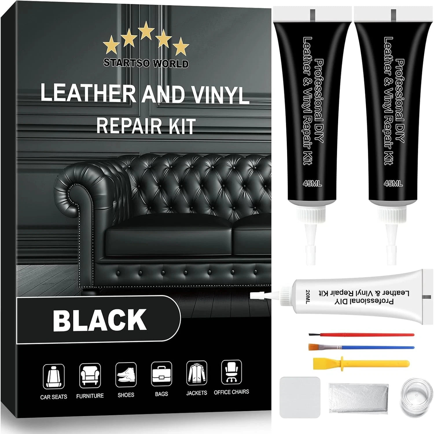 Black Leather Repair Kit, Vinyl Repair Kit for Car Interiors, Furniture, Couches
